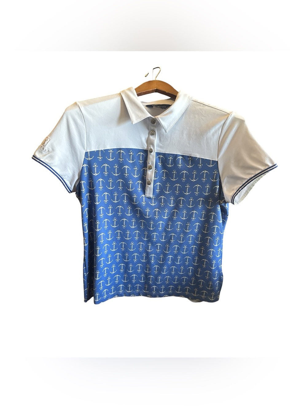 PGA Tour White and Blue Anchor-Print 1/4 Button Down Nautical Golf Polo Shirt